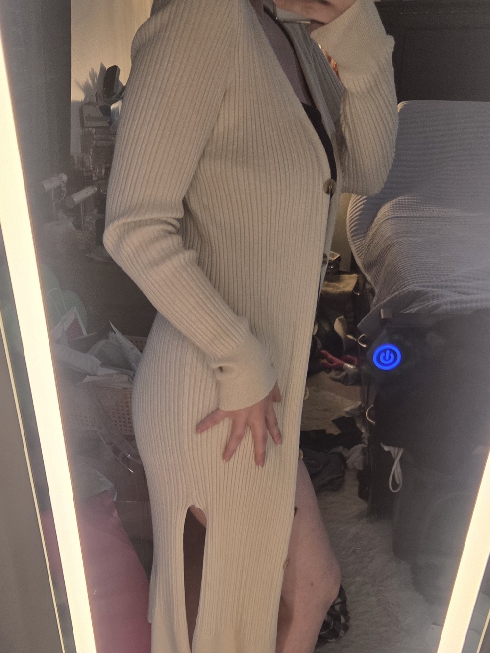 Forever 21 Cream Ribbed Button-Down Long Cardigan